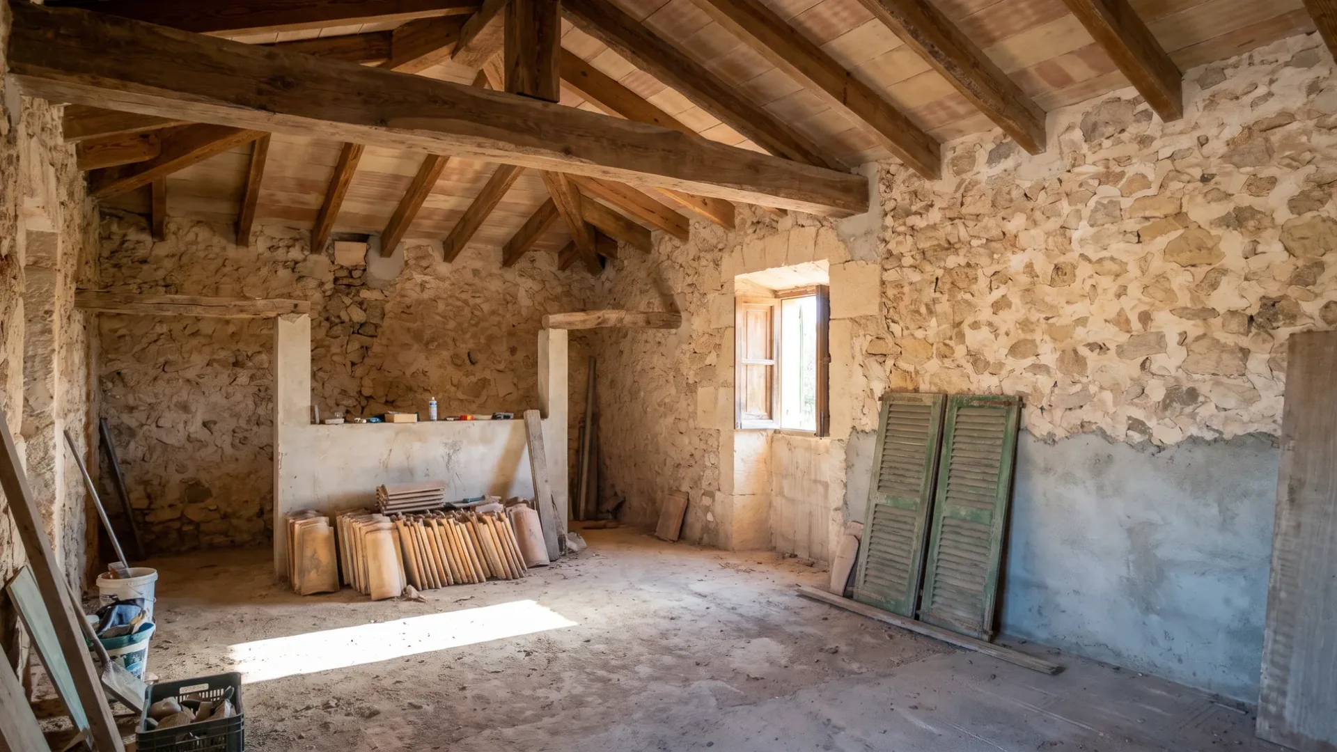 Interior of an old Mallorcan finca with thick rubble walls, a vaulted floor and heavy timber beams