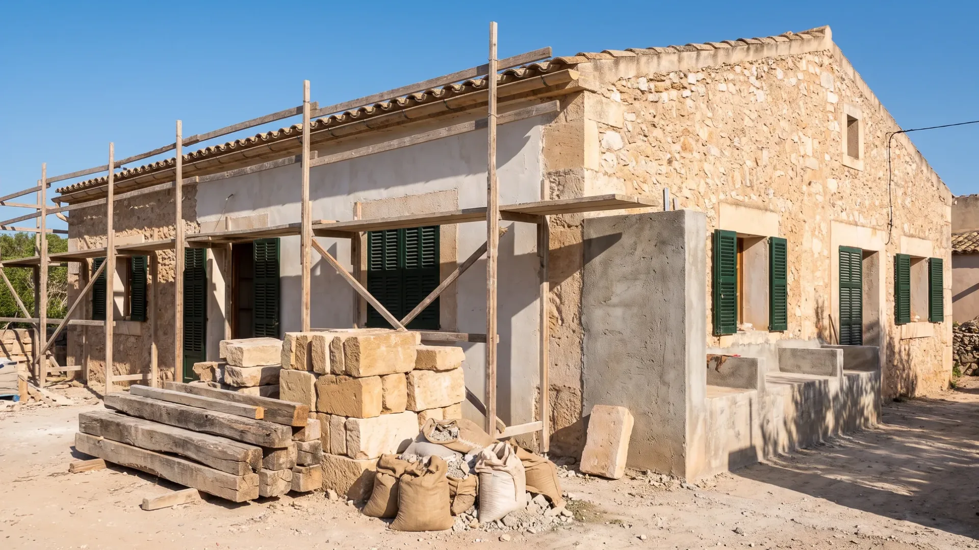 Mixed building site at a Mallorcan house with blockwork and timber stacked and scaffolding up