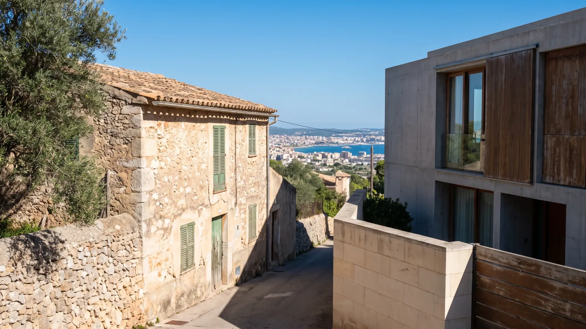 Two adjacent Mallorcan hillside houses of very different ages sharing a boundary on a lane