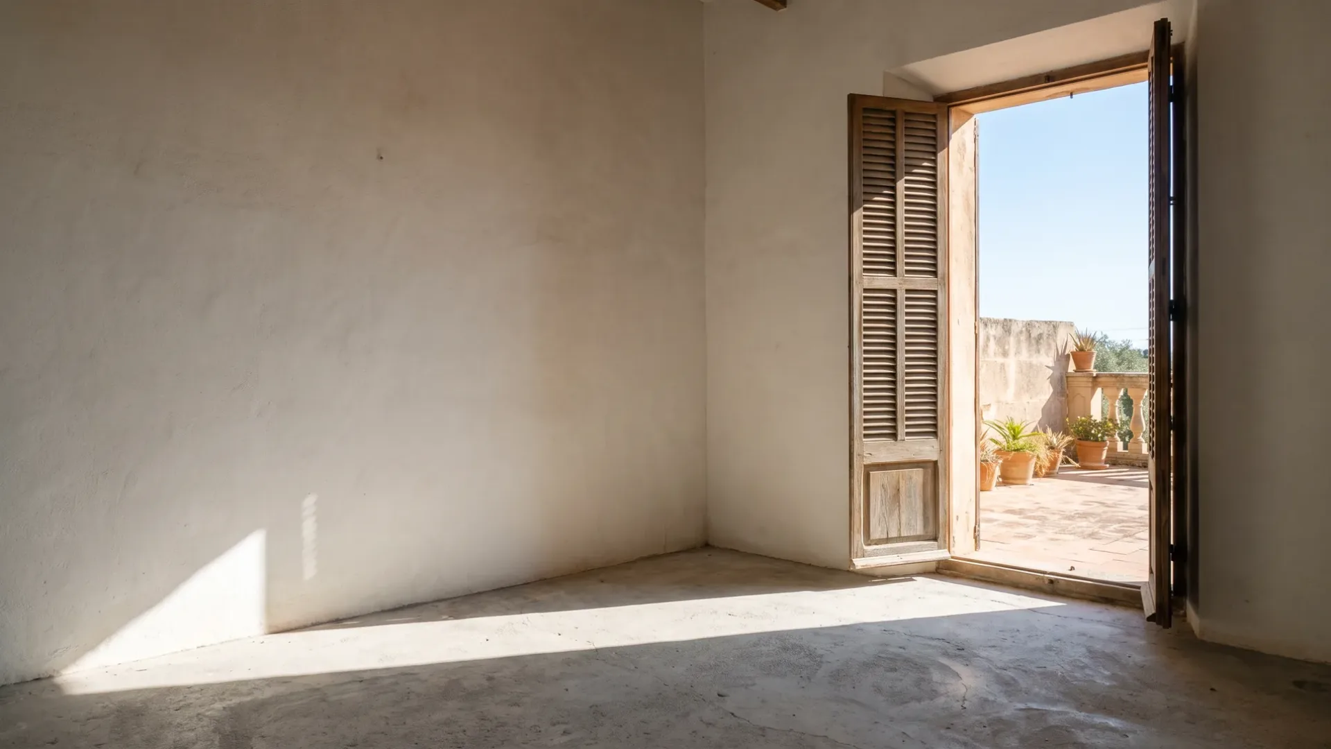 Empty room in a Mallorcan villa with bare plaster walls and a shuttered door open to a terrace