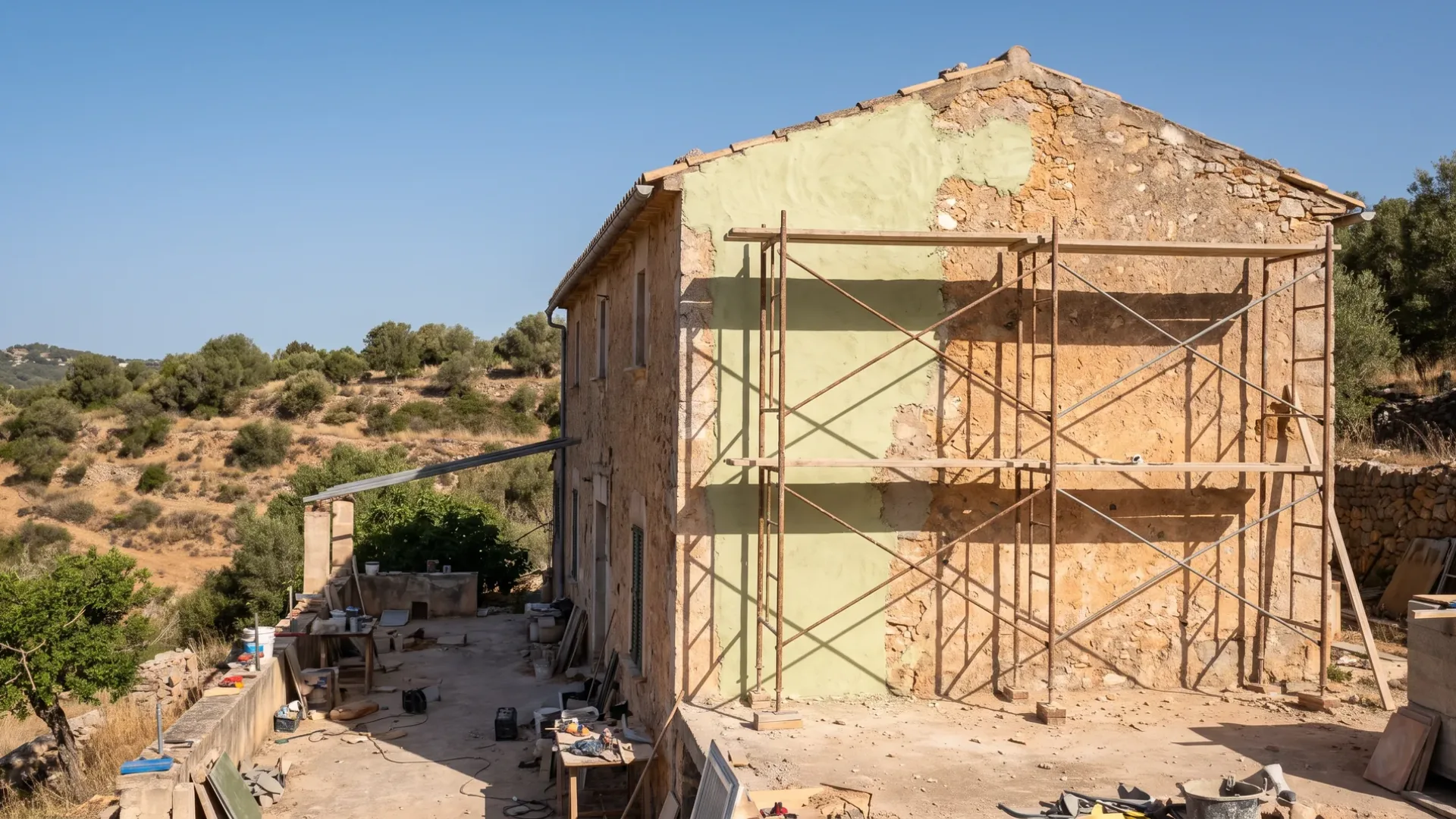 Villa mallorquina de piedra en reforma con andamio contra el muro testero y ladera seca al fondo