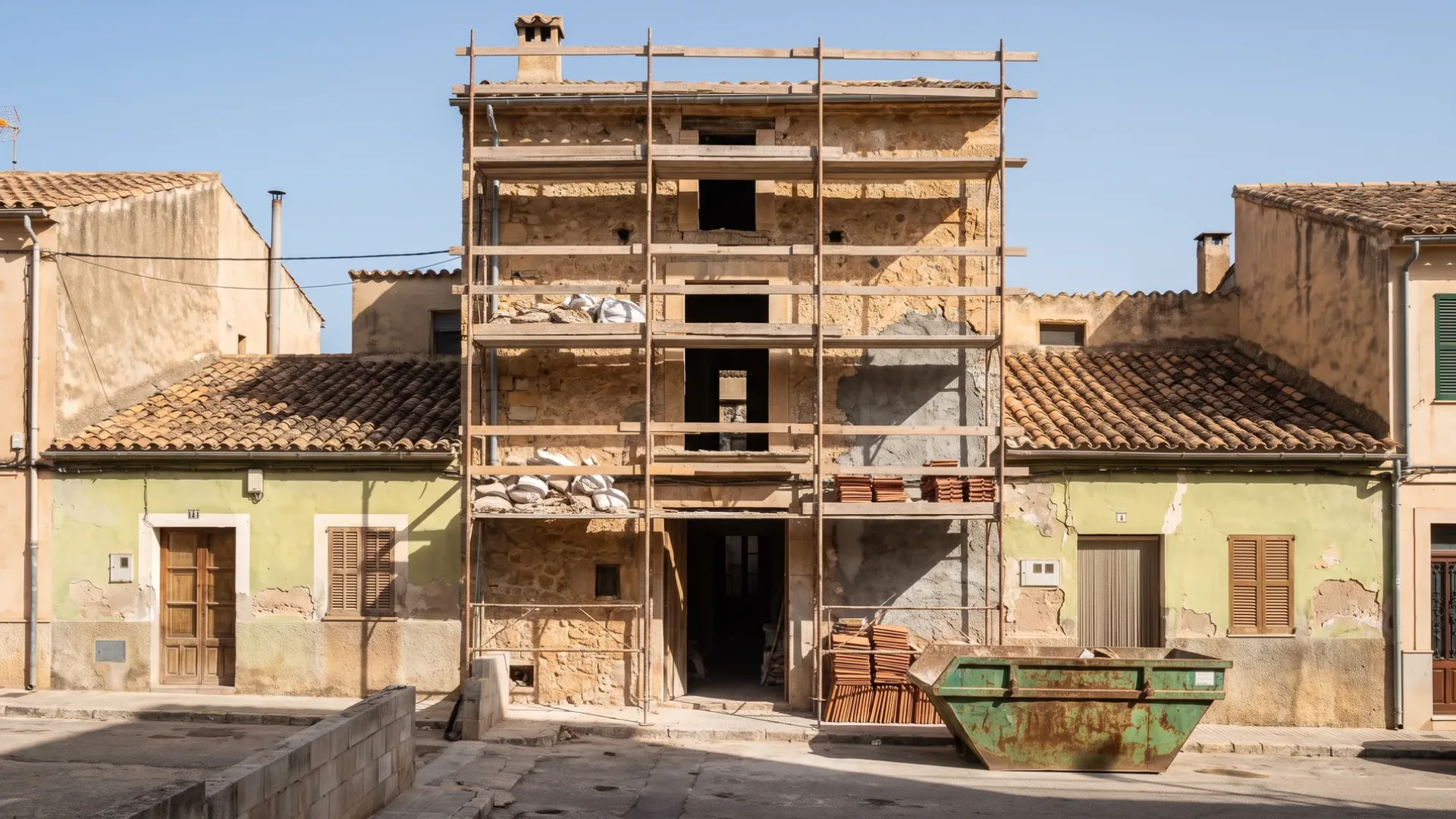 Terraced Mallorcan town house under renovation with scaffolding across its narrow street facade