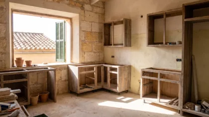 Mallorcan kitchen under renovation with cabinet carcasses in place and bare walls behind them