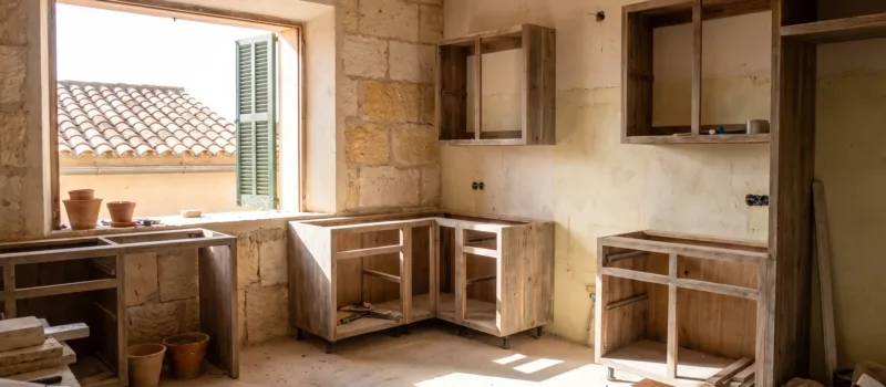 Mallorcan kitchen under renovation with cabinet carcasses in place and bare walls behind them