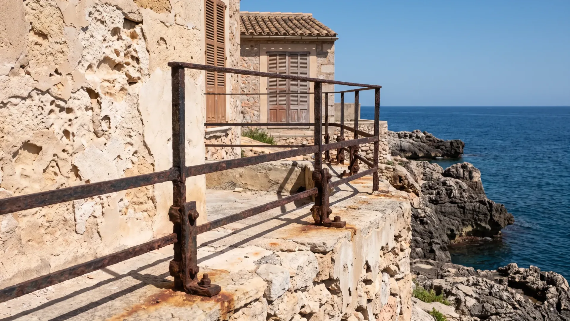 Corroded metal railings and rusted fixings on a Mallorcan sea-front terrace above bare rock