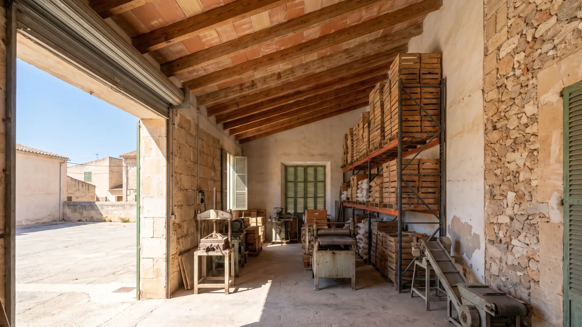 Nave industrial ligera al borde de un pueblo mallorquín con mercado, mercancía apilada hasta el techo y una puerta enrollable abierta a la luz del día