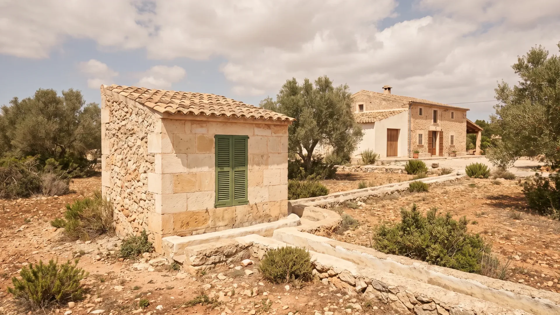 Stone cistern and its catchment channels at an old Mallorcan finca on a dry stony plateau