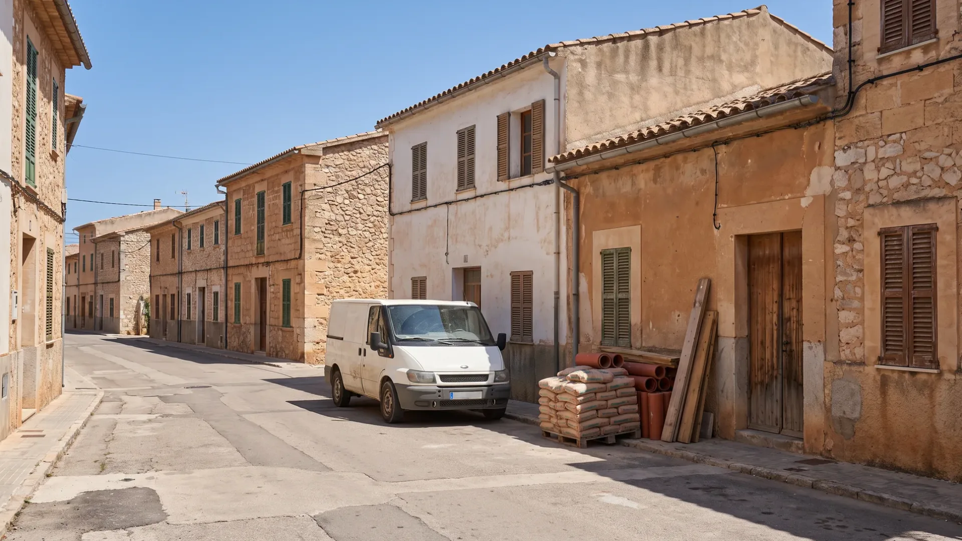 Ordinary working street in a Mallorcan inland town with plain rendered houses and a works van