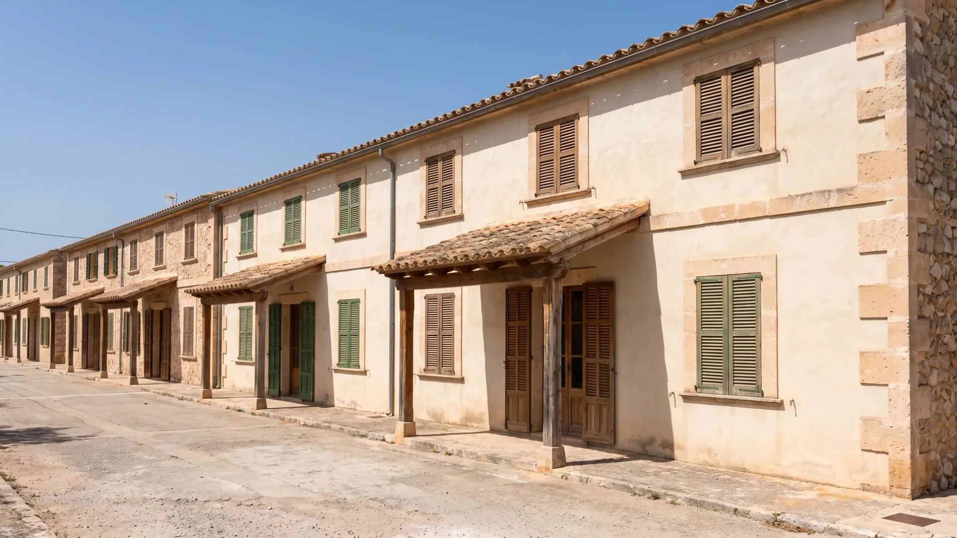 Reihe gleicher mallorquinischer Siedlungshäuser mit gleichem Dach, gleichem Vorbau und gleicher Fensteranordnung