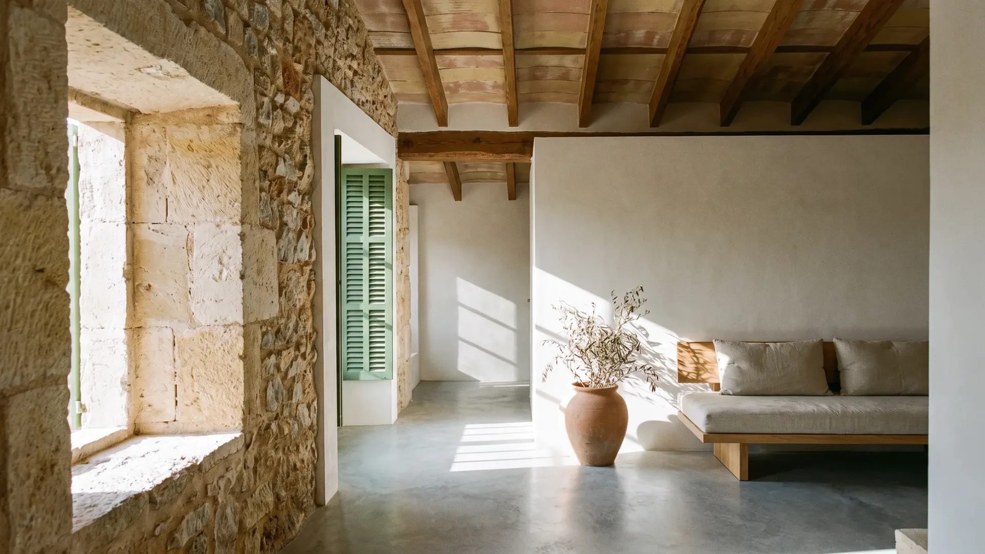 Contemporary interior inside a traditional Mallorcan stone envelope at a deep window reveal