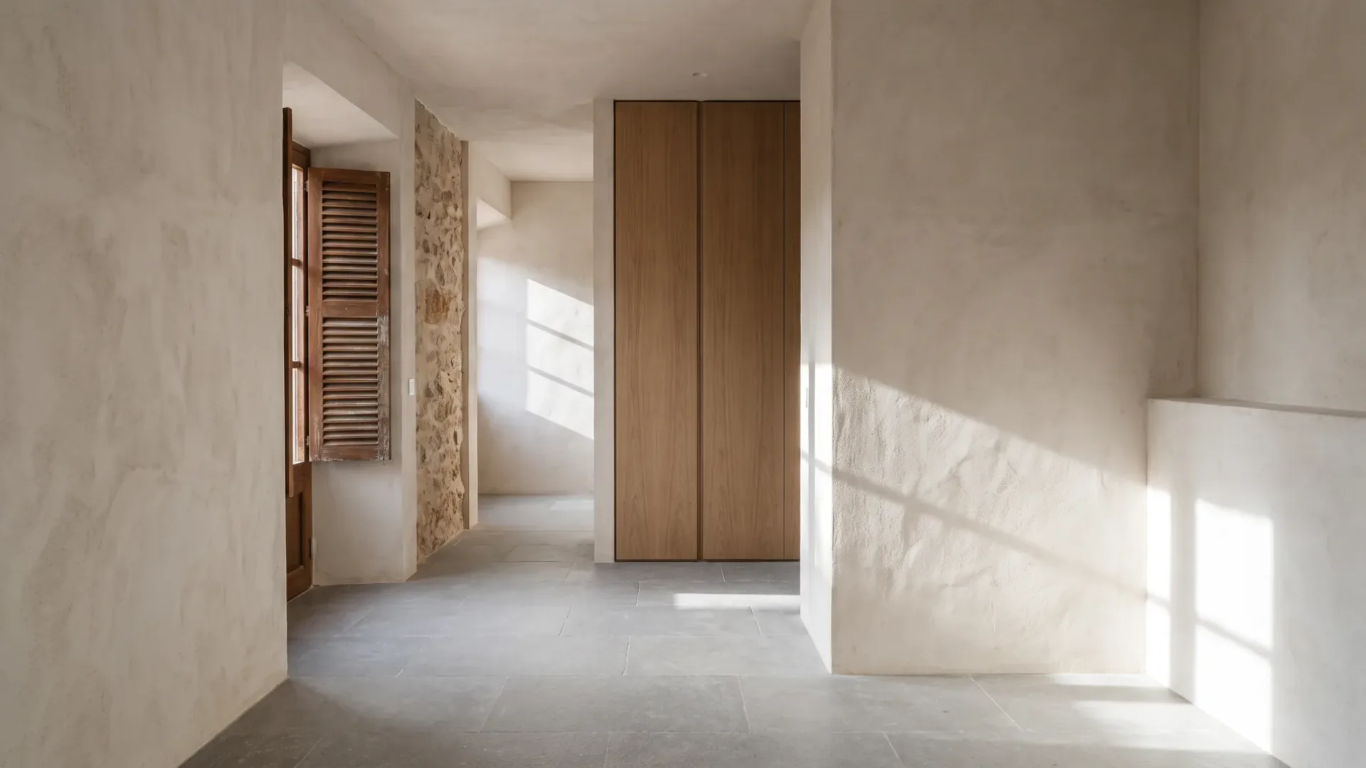 Minimalist Mallorcan interior with unbroken plaster walls and concealed full-height storage