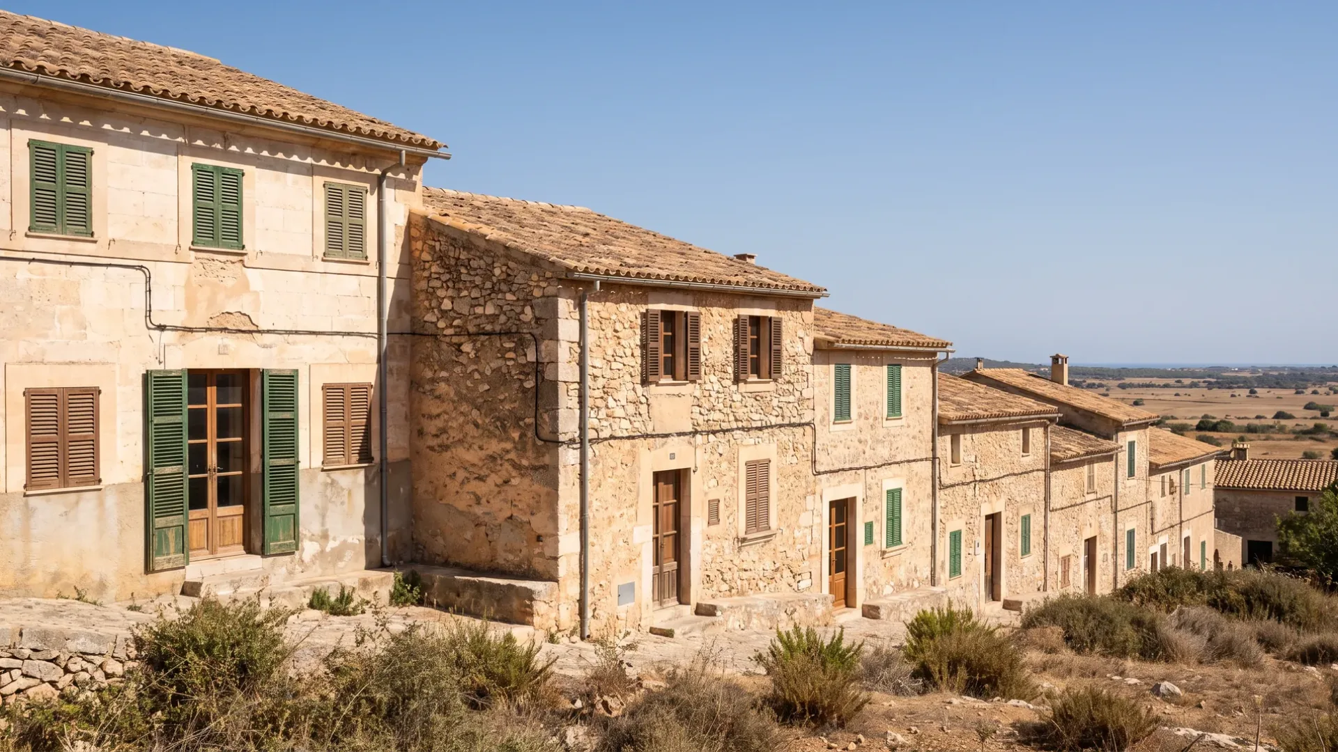 Terraced houses stepping down a Mallorcan hill village, each roof lower than the one before it