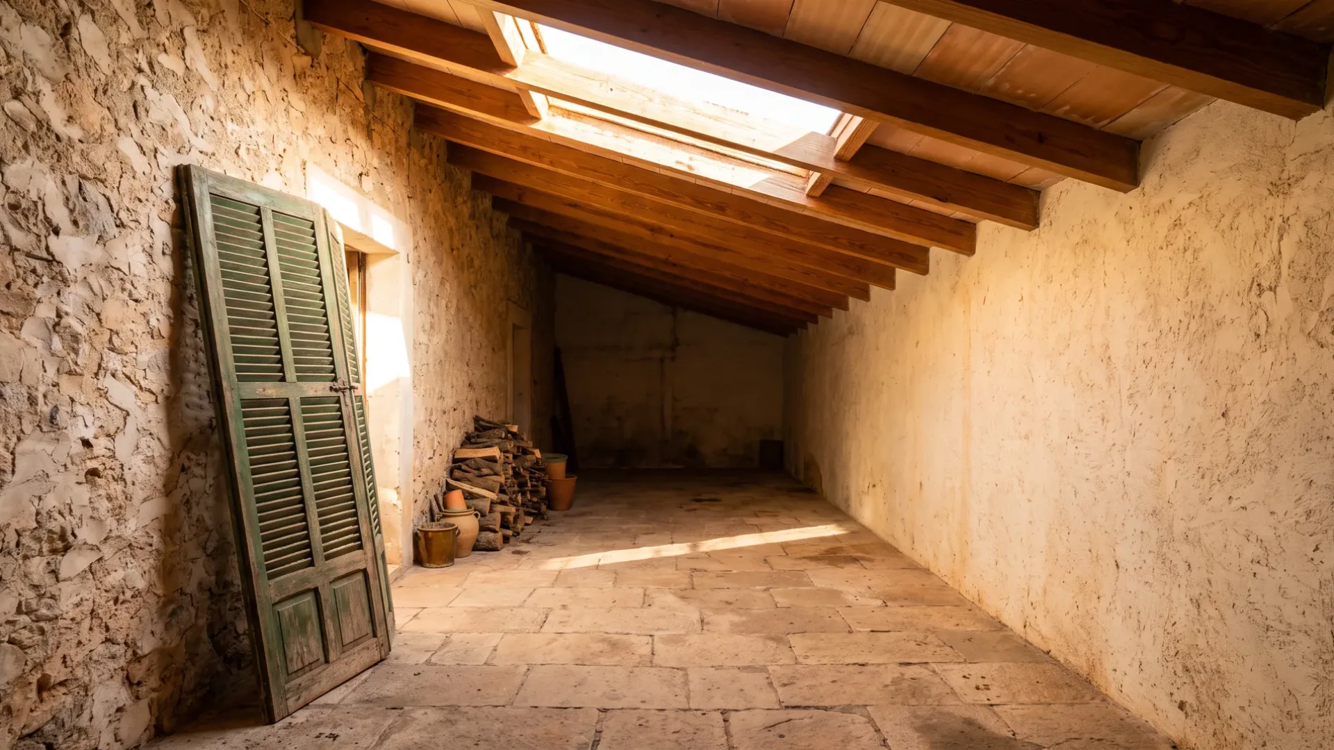 Deep interior in a Mallorcan village house lit from a rooflight, with no outside wall midway