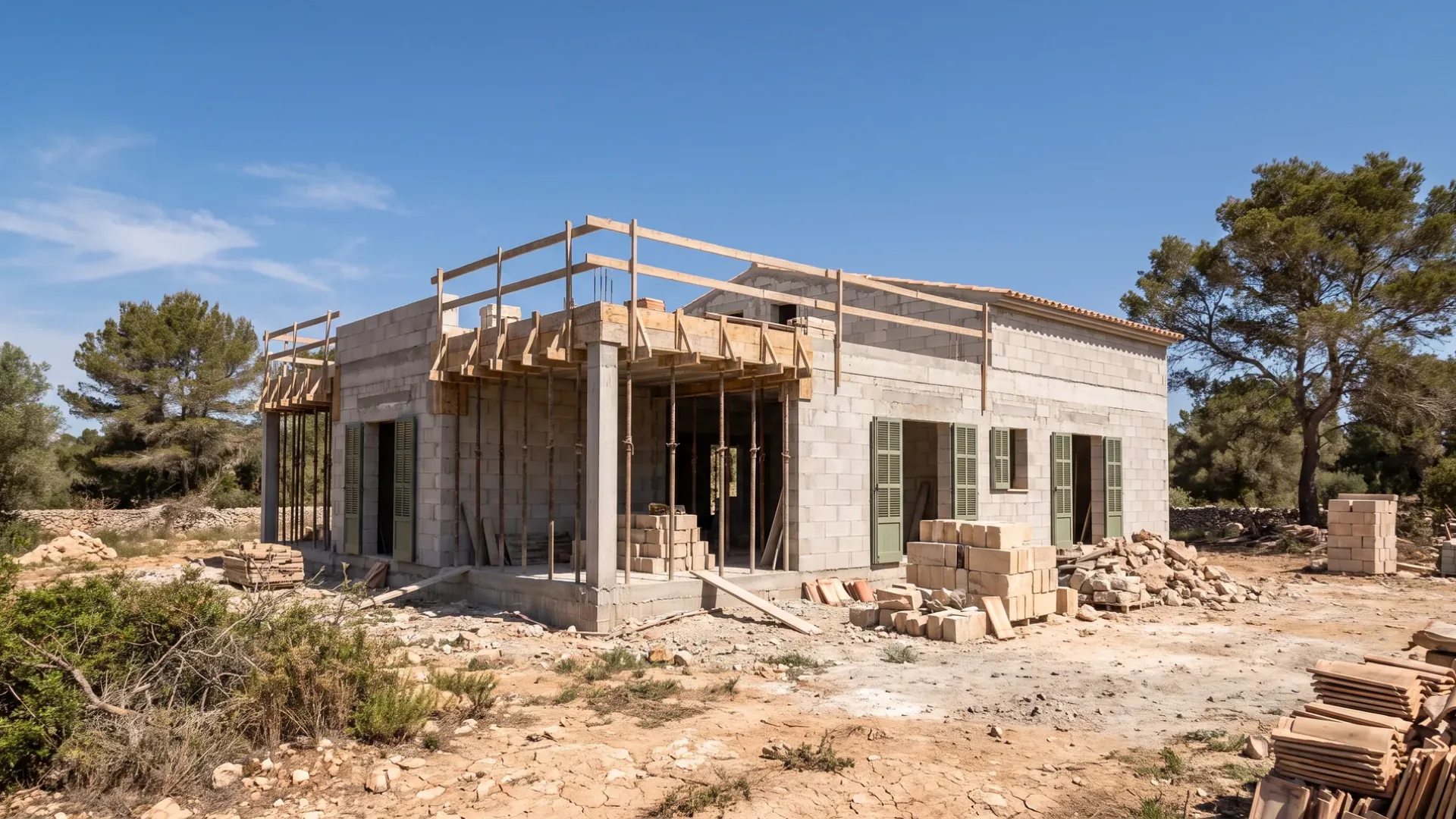New house under construction on a Mallorcan plot, concrete frame and blockwork at first floor level