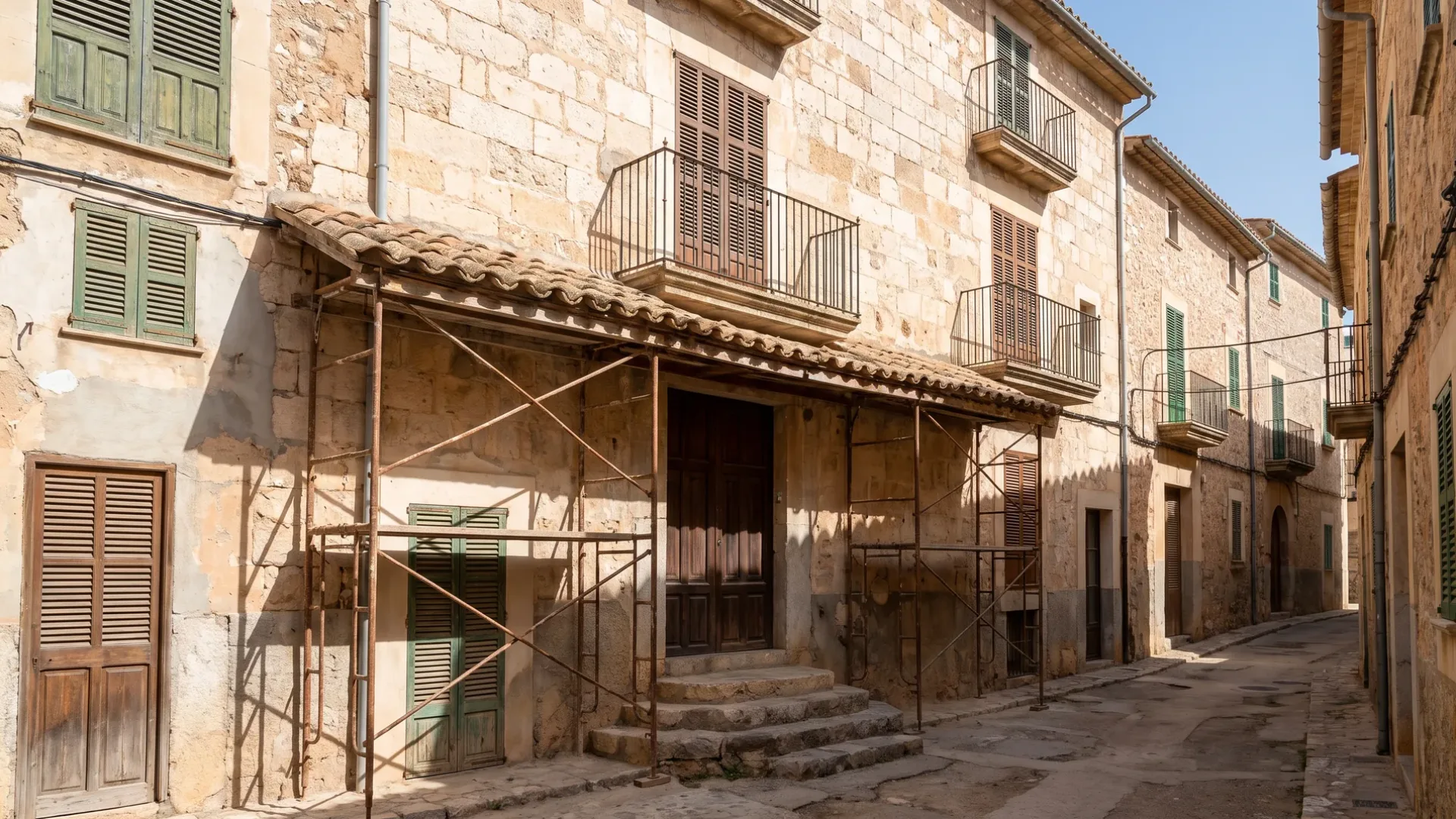 Narrow Mallorcan old-town street with scaffolding against a tall attached stone facade