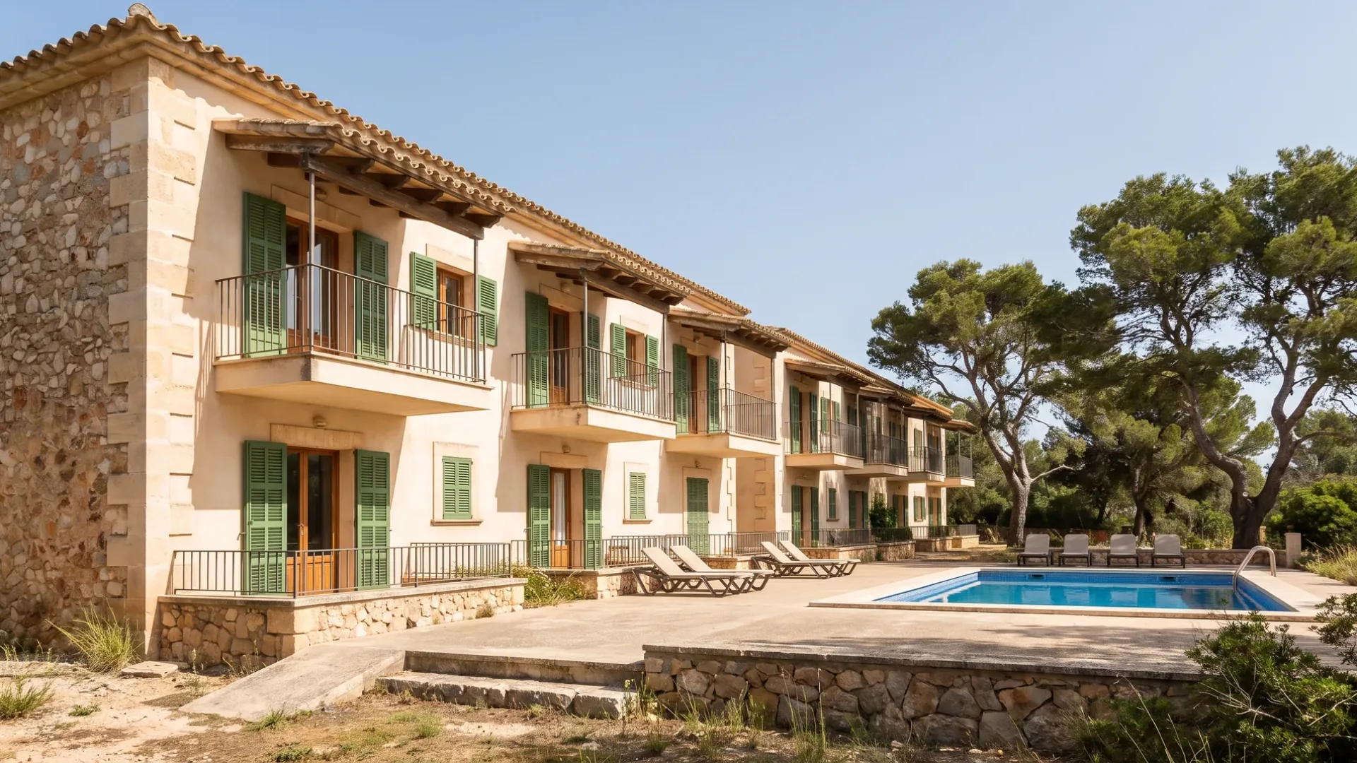 Niedriger mallorquinischer Wohnblock mit demselben Balkon über die gesamte Fassade wiederholt