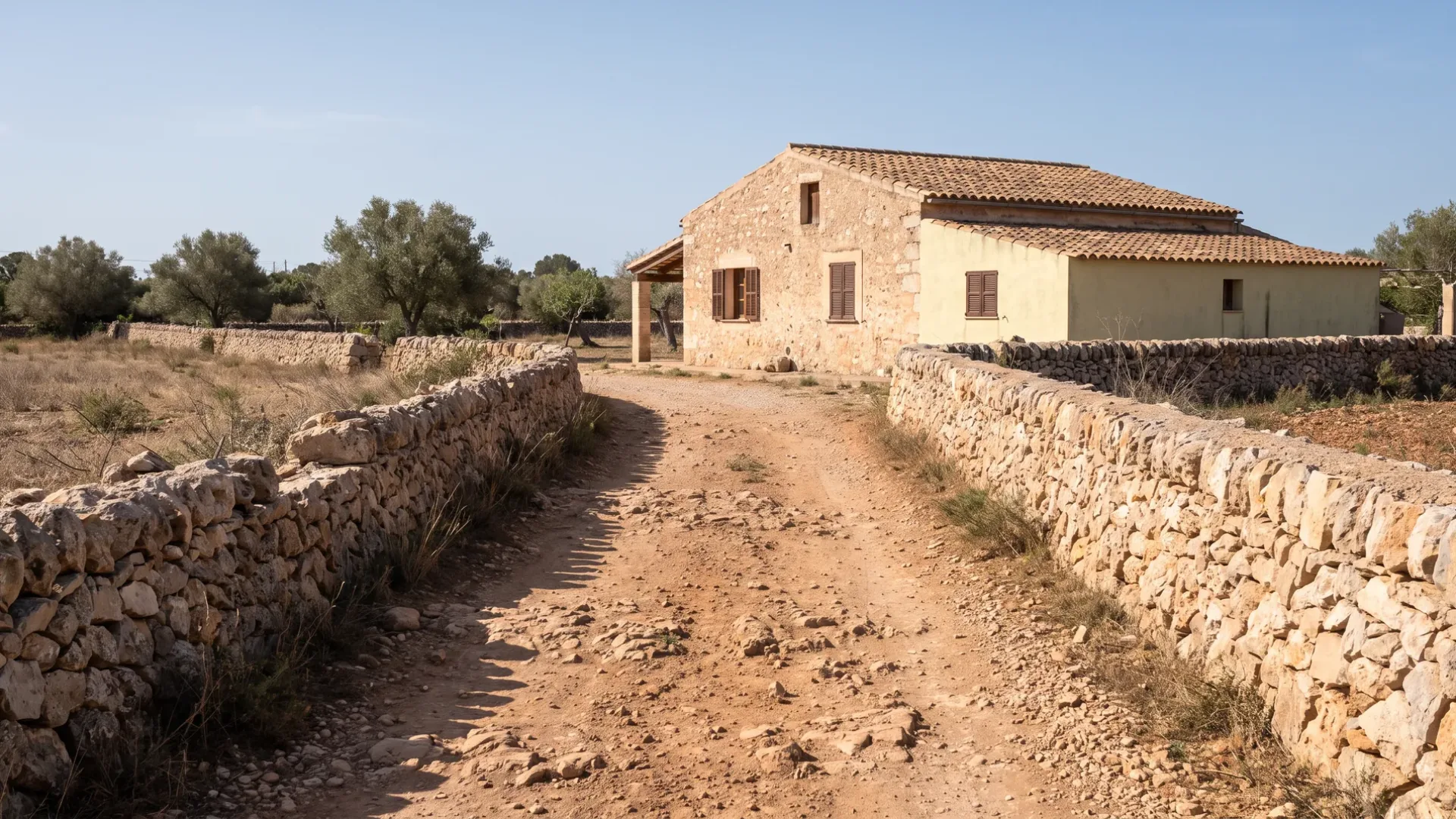 Unsurfaced private track running across the Mallorcan plain toward a finca, rutted and dusty