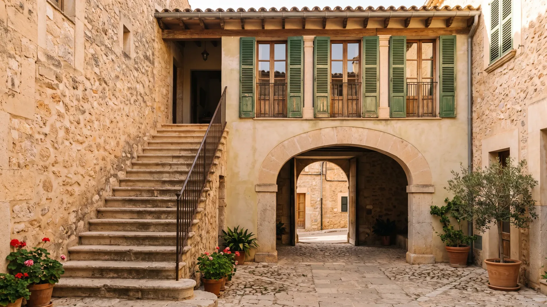 Stone courtyard of a Mallorcan town house with the main stair rising out of it and an arch