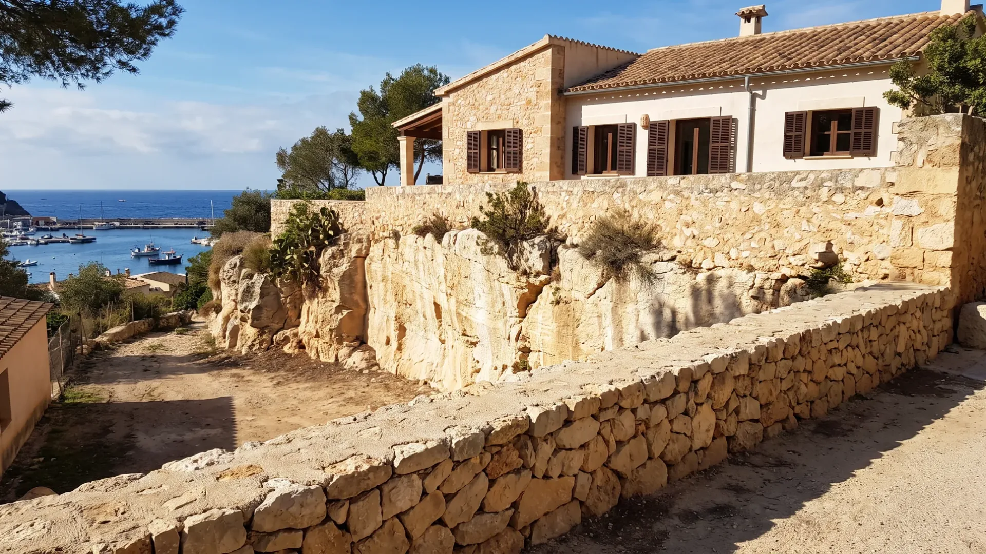 Plot above a Mallorcan harbour cut into solid rock with a raw rock face at the back of the terrace
