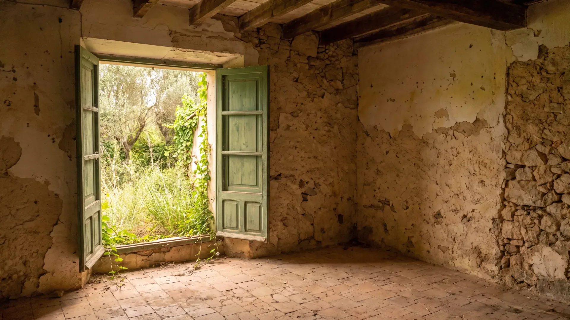 Empty older Mallorcan house needing work, bare rooms and shutters open to an overgrown garden