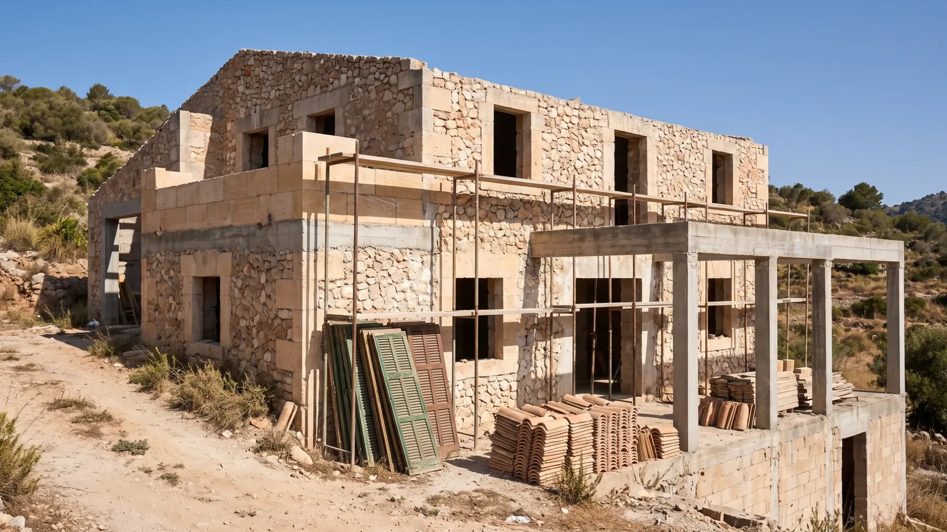 Mallorcan villa down to its structure with a bare concrete frame, blockwork and empty openings