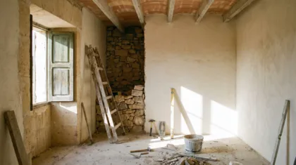 Bare Mallorcan room at second fix with a stepladder in the corner and tools set down on the floor