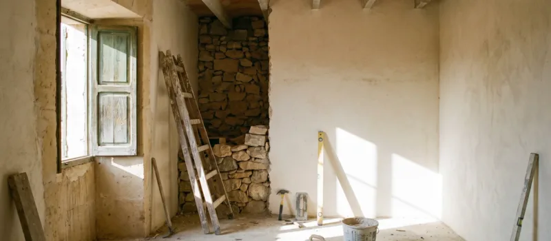 Bare Mallorcan room at second fix with a stepladder in the corner and tools set down on the floor