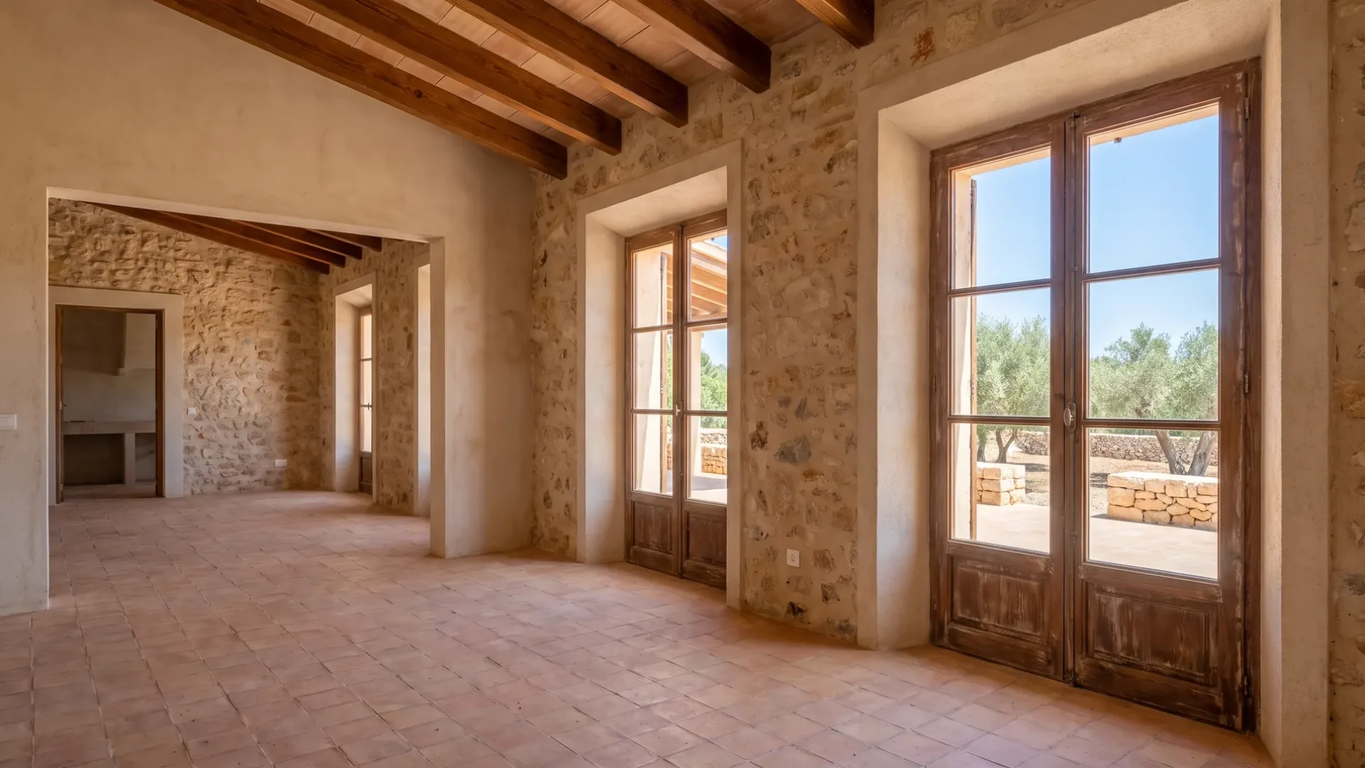 Empty Mallorcan villa interior with no furniture, bare walls and tall glazed doors to a terrace