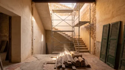 Whole-house renovation in a Mallorcan property with scaffolding in the stairwell and bare walls