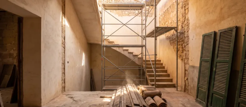 Reforma integral en una vivienda mallorquina con andamio en la caja de escalera y paredes desnudas