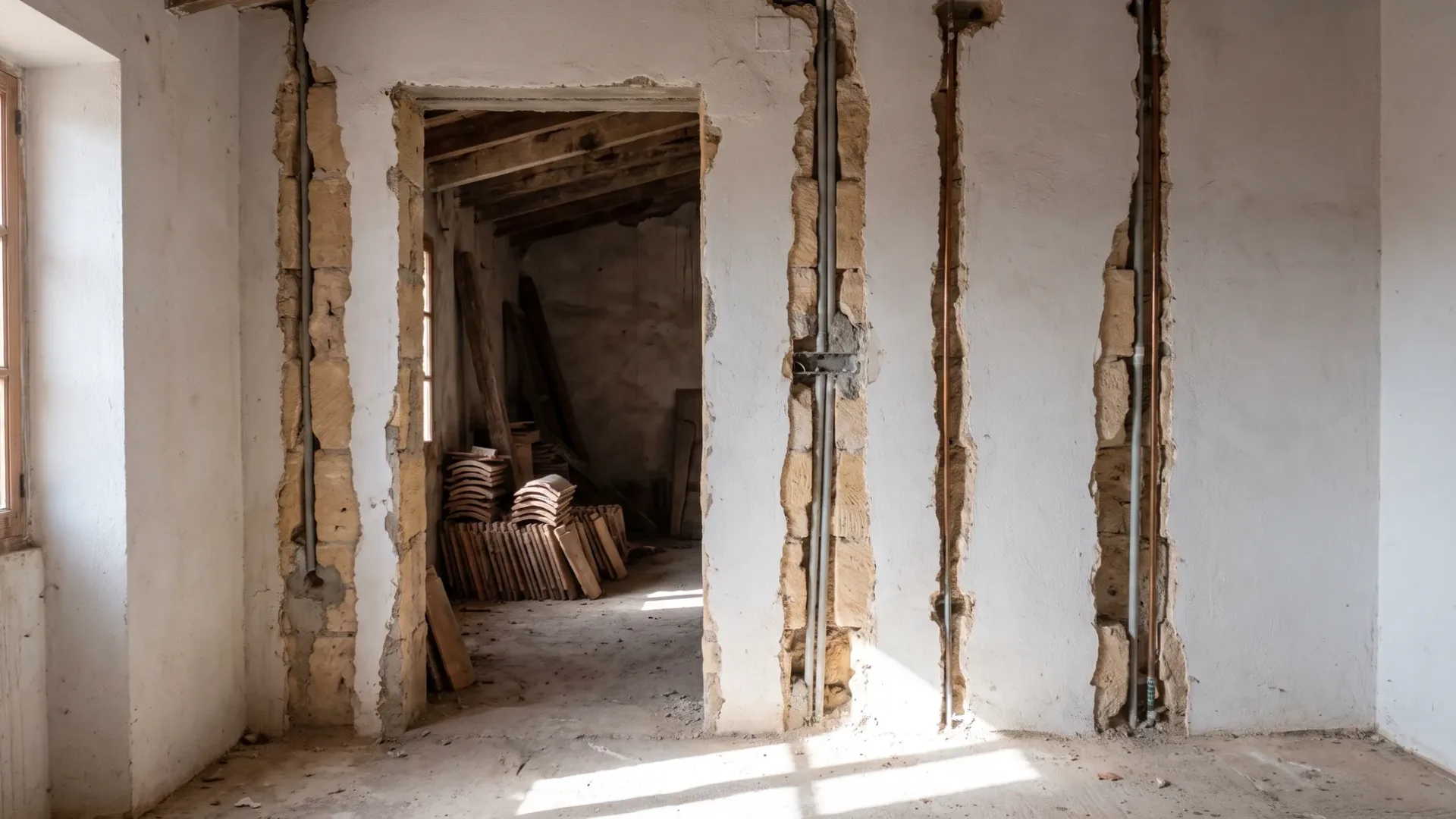 Interior wall of a Mallorcan house with service chases cut through the plaster and pipework in them