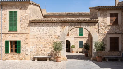 Facade of a Mallorcan town hall in local sandstone with shuttered windows and a stone arch