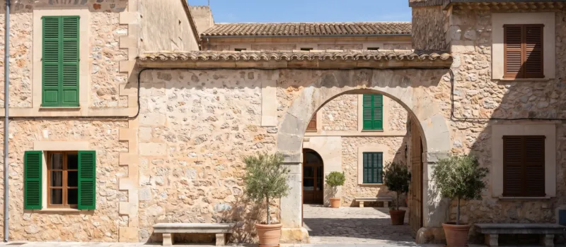 Facade of a Mallorcan town hall in local sandstone with shuttered windows and a stone arch