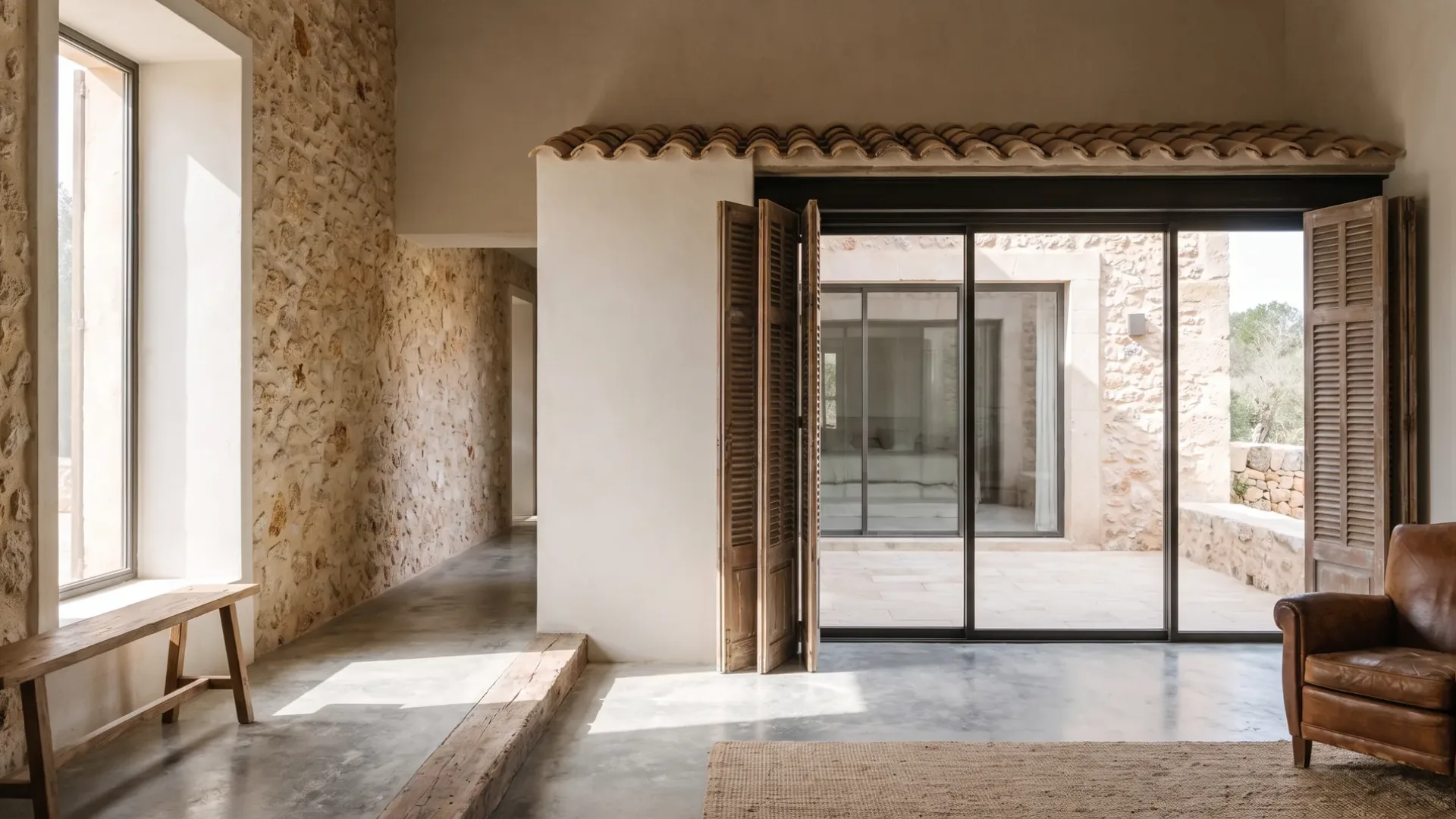 Mallorcan interior where exposed rubble stone, smooth lime plaster and modern glazing meet