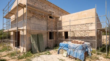 Mallorcan building site standing idle with scaffolding up and material wrapped and stacked