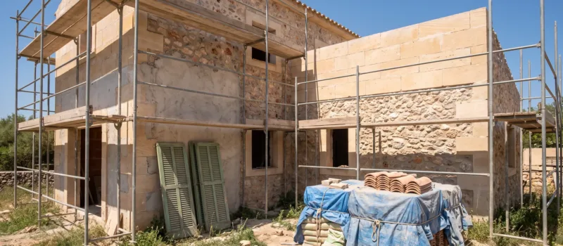 Obra parada en Mallorca con el andamio montado y el material envuelto y apilado