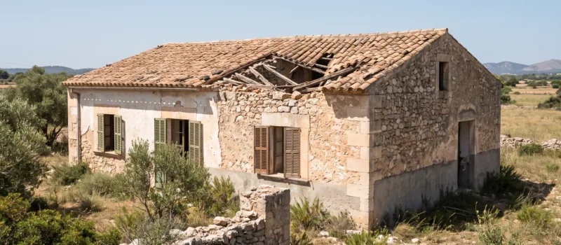 Casa mallorquina antigua y vacía con la cubierta parcialmente hundida y sus gruesos muros de piedra intactos
