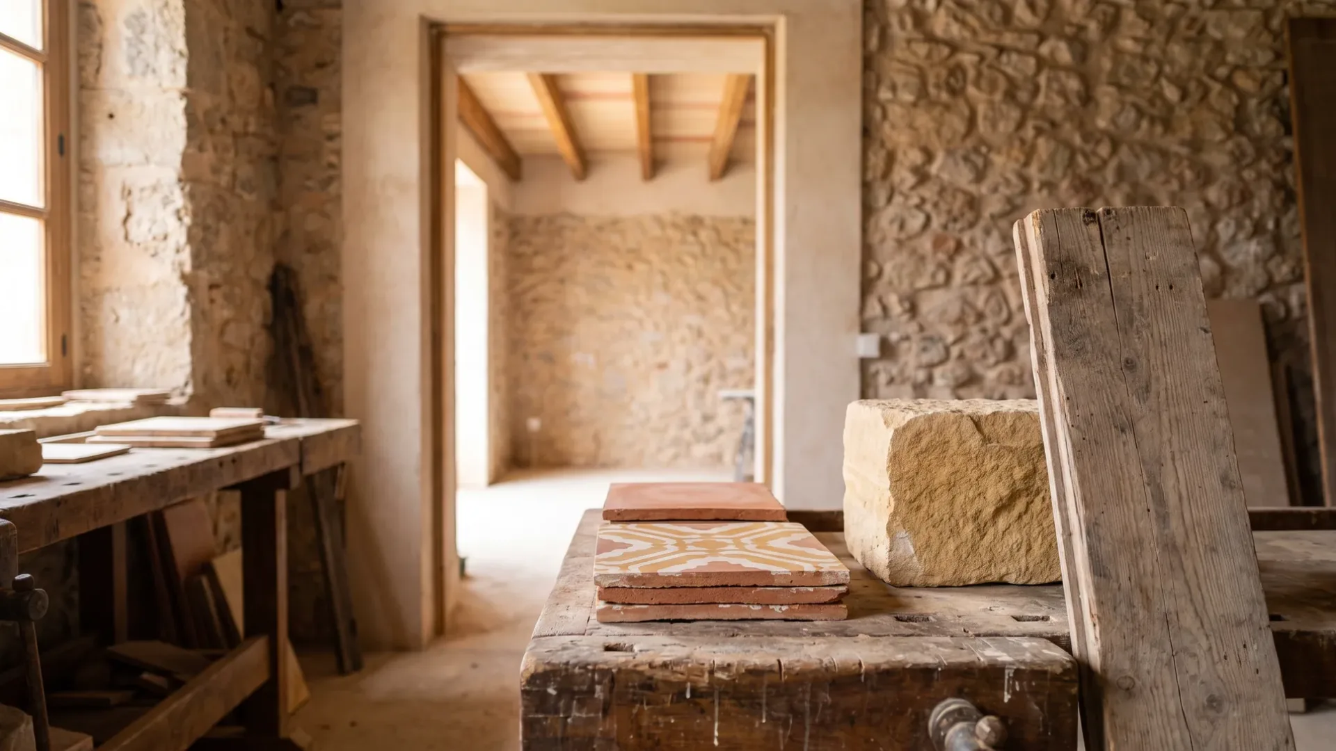 Workbench in a Mallorcan workshop with sample floor tiles, a sandstone block and a length of timber