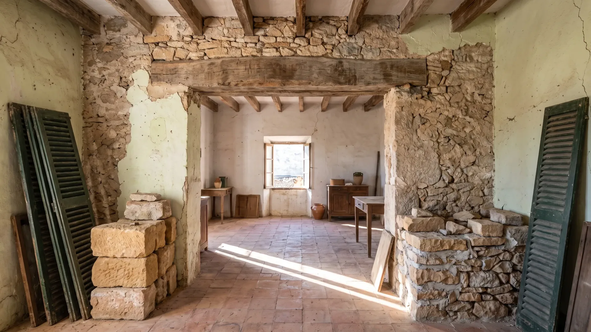 Rustic Mallorcan interior with a worn timber lintel, uneven lime plaster and a clay tile floor
