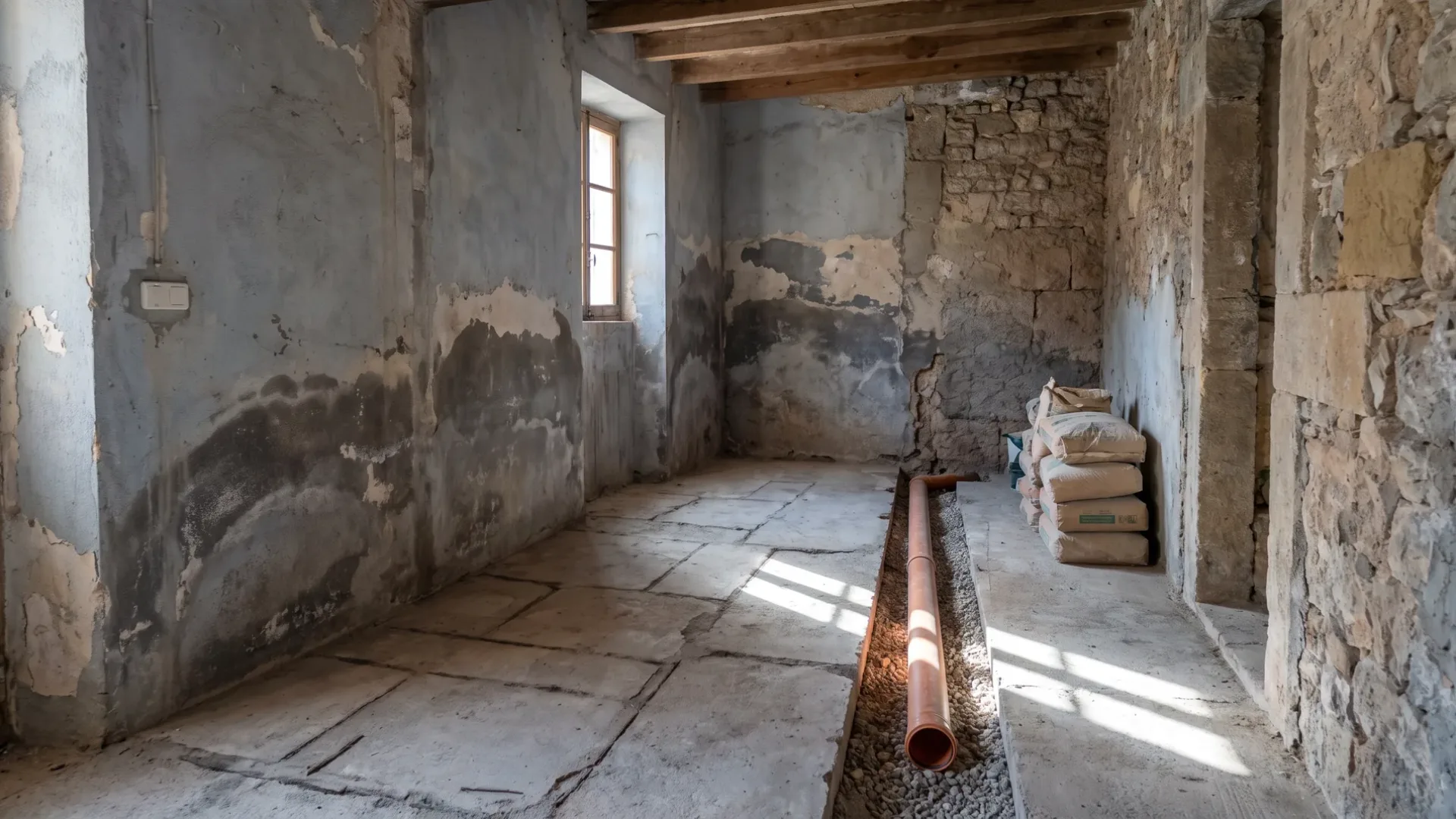 Kahles Erdgeschoss in einem mallorquinischen Dorfhaus mit freiliegender Bodenplatte und aufsteigender Feuchtigkeit im Verputz
