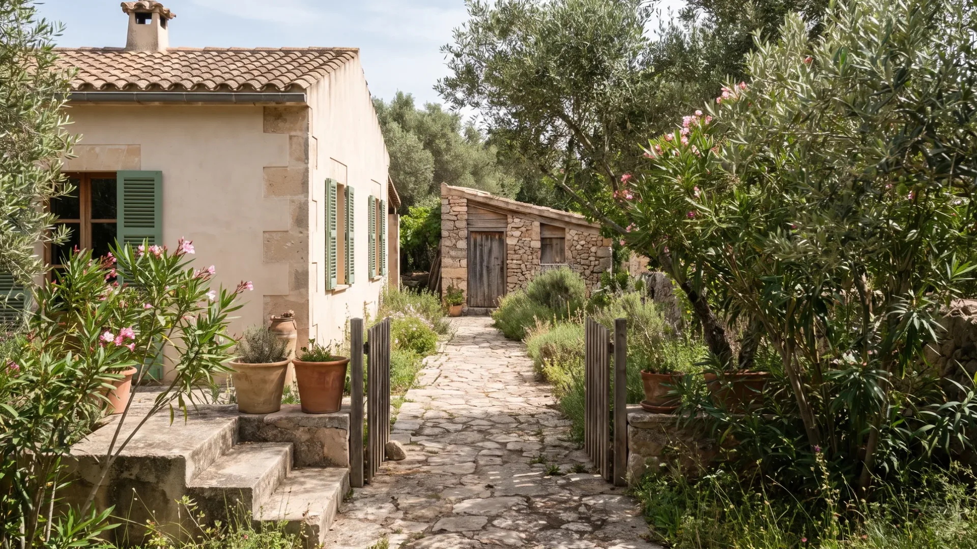 Long garden running back from a modest Mallorcan village house to a separate stone outbuilding