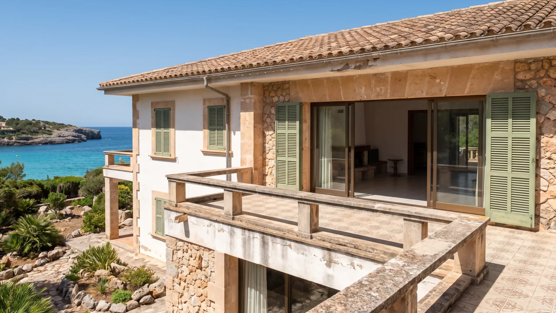 Mallorcan coastal villa from the nineteen seventies with a tiled terrace and dated balustrades