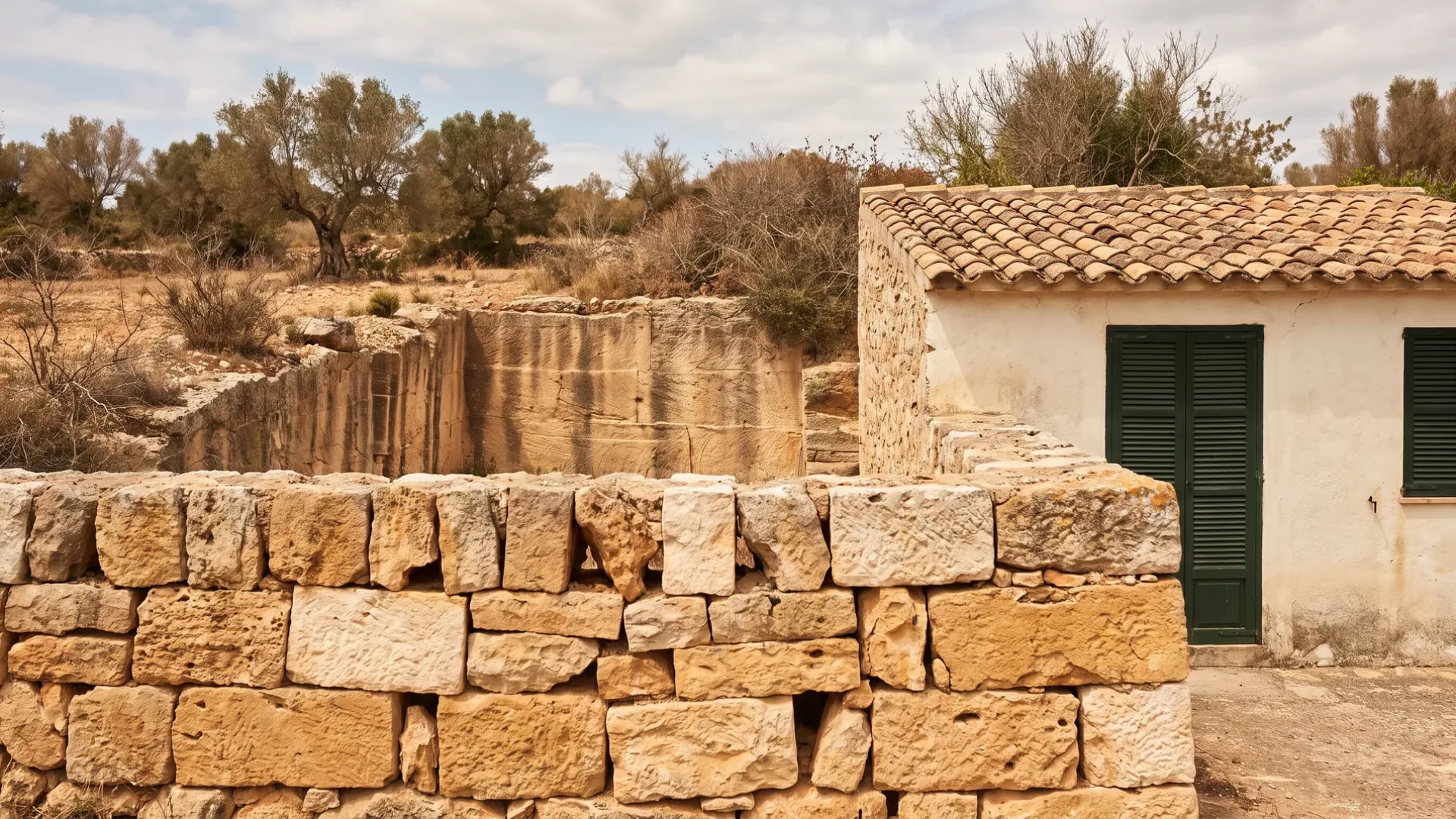 Mauer aus warmem goldenem mallorquinischem Sandstein mit verwitterten Blöcken, offenen Fugen und einer gesägten Bruchfläche