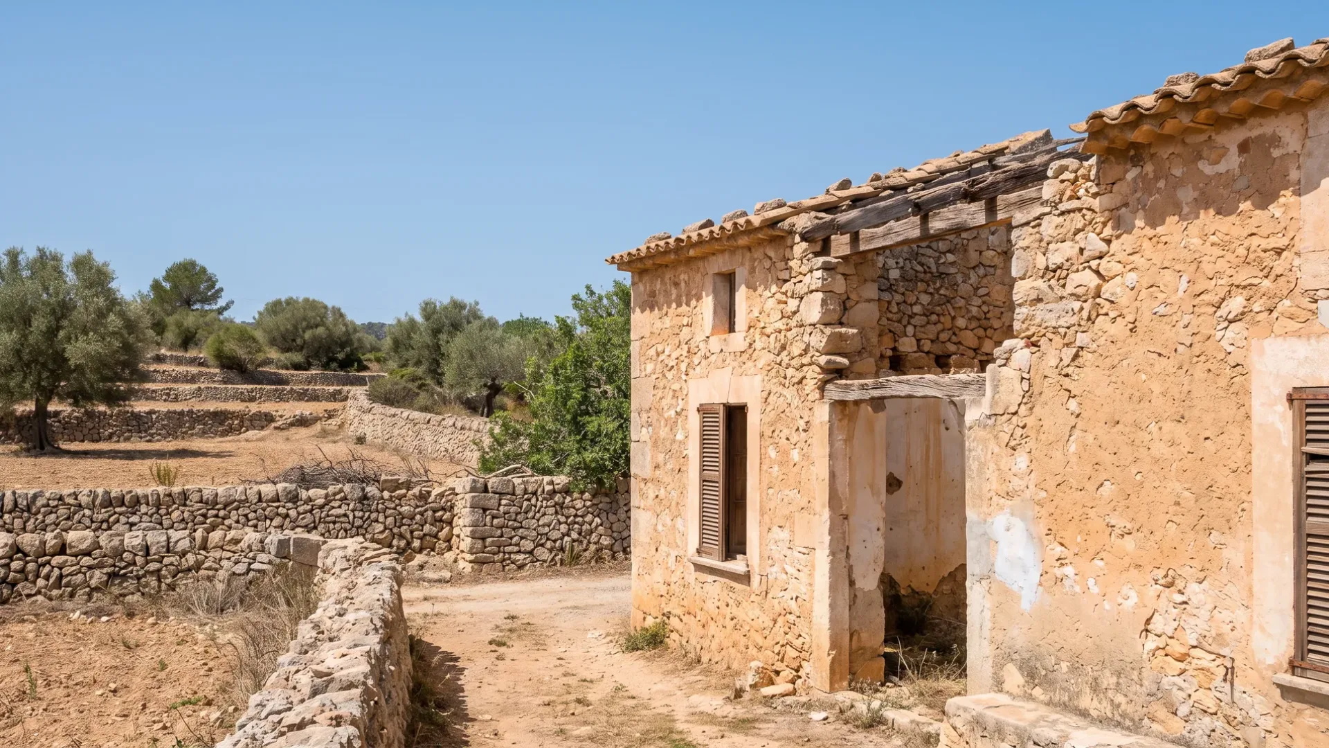 Old roofless stone structure standing on a Mallorcan plot with its walls intact to eaves height