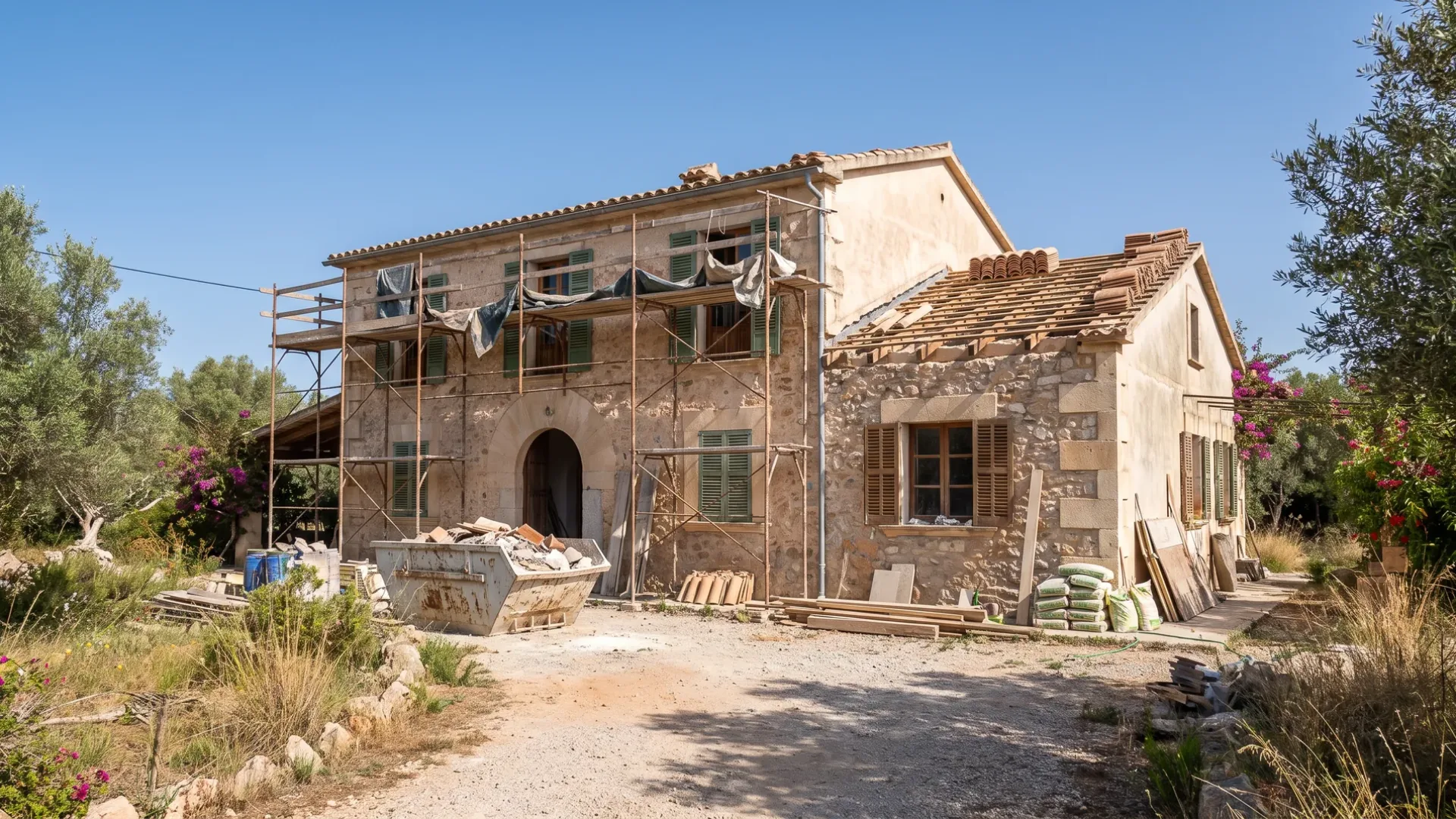 Mallorcan villa part way through renovation seen from the drive, with scaffolding and a skip