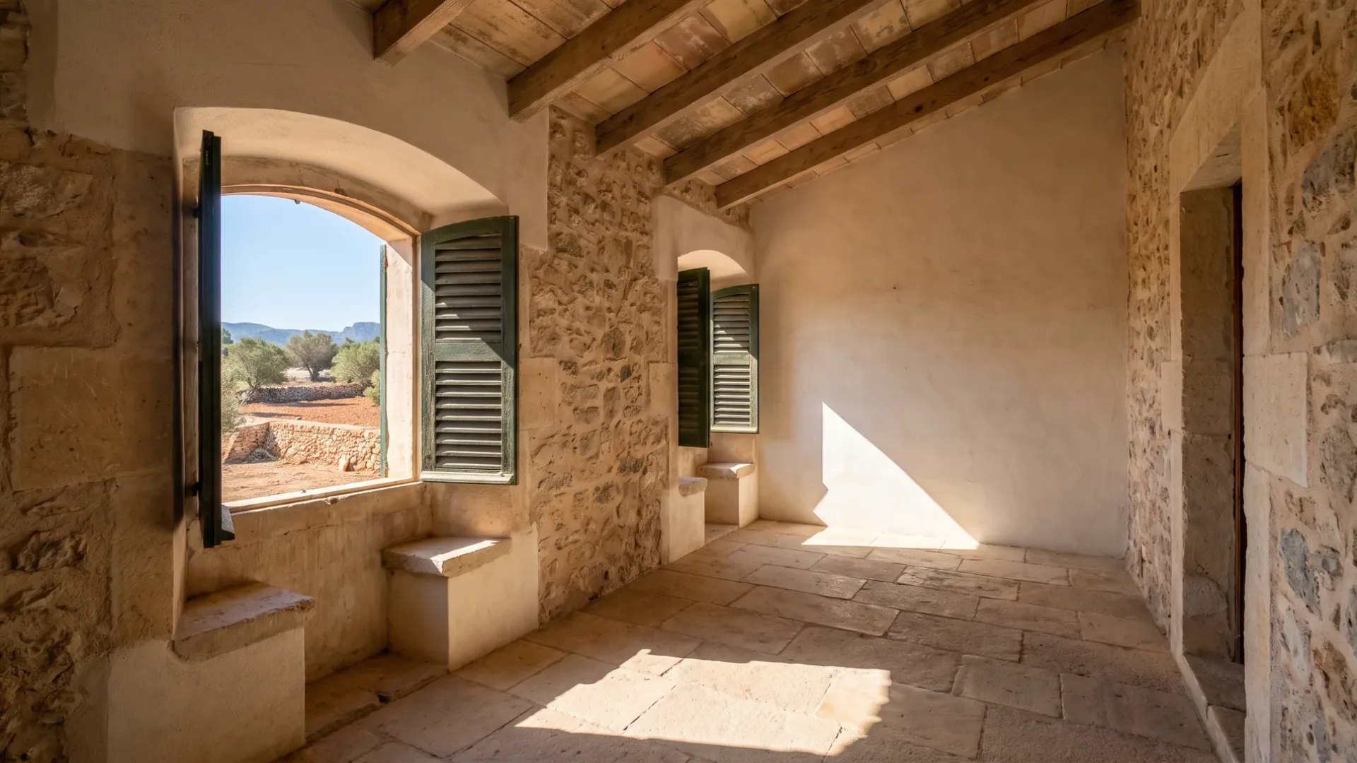 Thick-walled Mallorcan interior with very deep window reveals and hot open land visible beyond