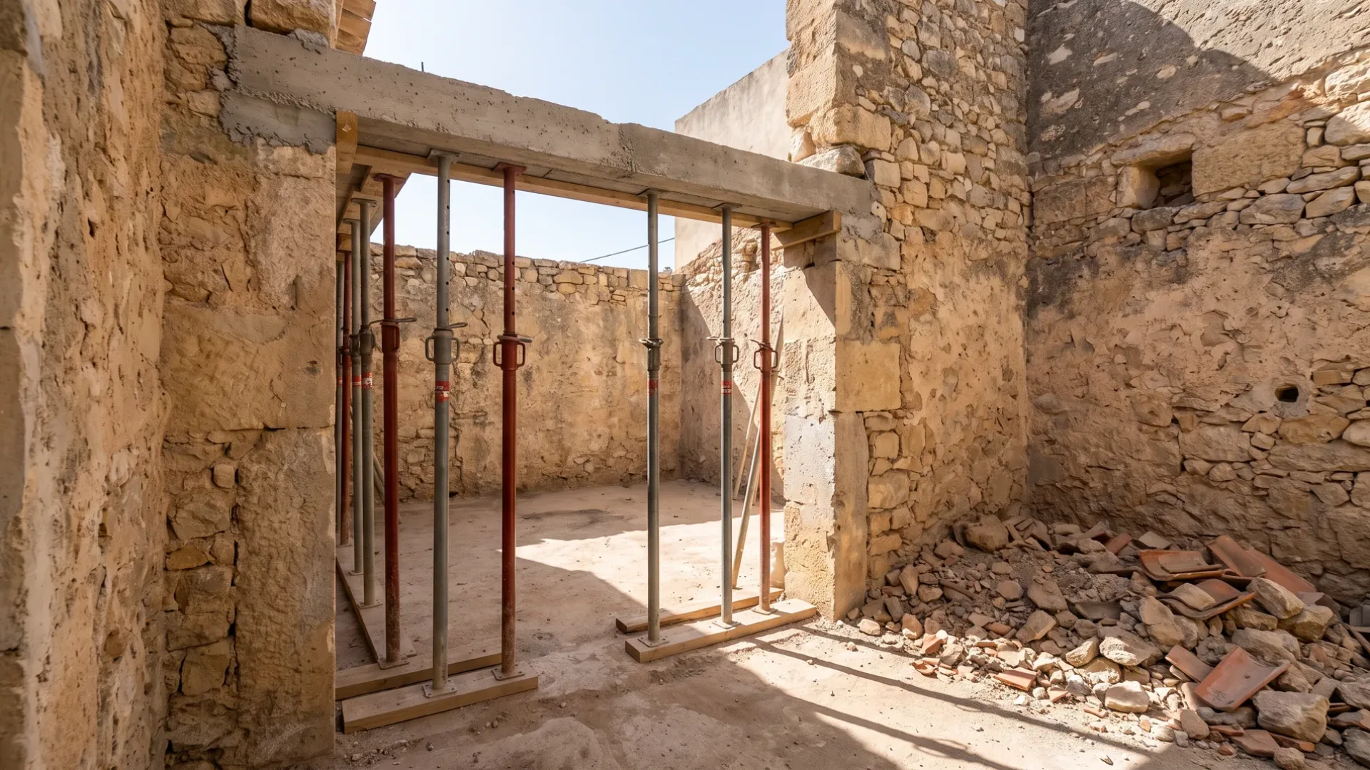 Wide opening in a load-bearing wall of a Mallorcan house with steel props under a concrete lintel