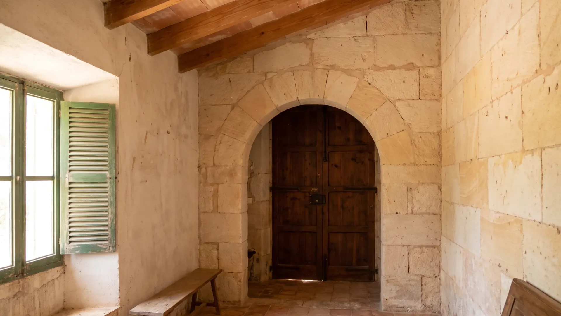 Traditional Mallorcan interior of local sandstone and lime with a vaulted ceiling and stone arch
