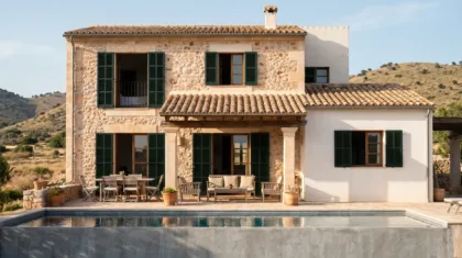 Mallorcan villa complete outside with a furnished terrace, a full pool and open shutters