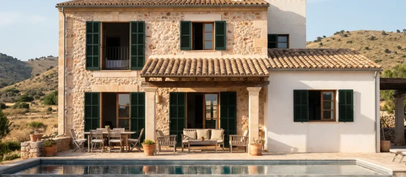 Villa mallorquina terminada por fuera con la terraza amueblada, la piscina llena y las persianas abiertas